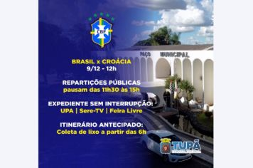 Prefeitura informa expediente no dia do jogo do Brasil nas quartas de final da Copa