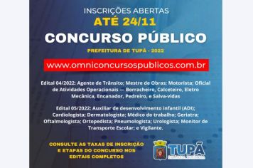 Inscrições para concurso público da Prefeitura de Tupã permanecem abertas até 24/11 