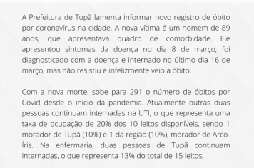 Homem de 89 anos morre por Covid em Tupã 