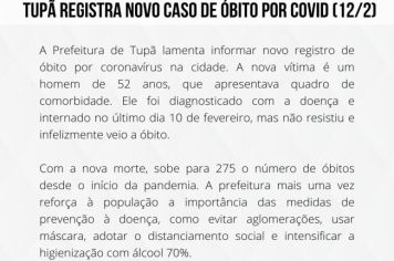Tupã registra novo caso de óbito por Covid 