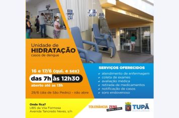 Unidade de Hidratação terá mudança no horário de atendimento neste feriado