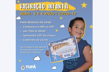 Vacinação contra a covid-19 para crianças de 3 a 4 anos está liberada em Tupã
