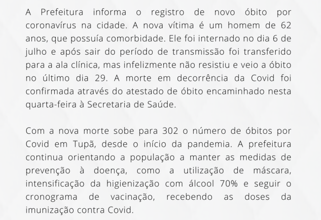 Homem de 62 anos morre por Covid em Tupã (03/08)