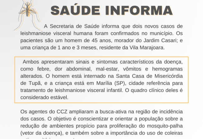 Saúde confirma dois novos casos de leishmaniose visceral humana em Tupã 