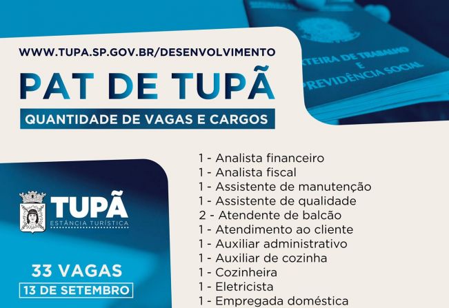 PAT oferece 33 vagas de emprego para Tupã e região