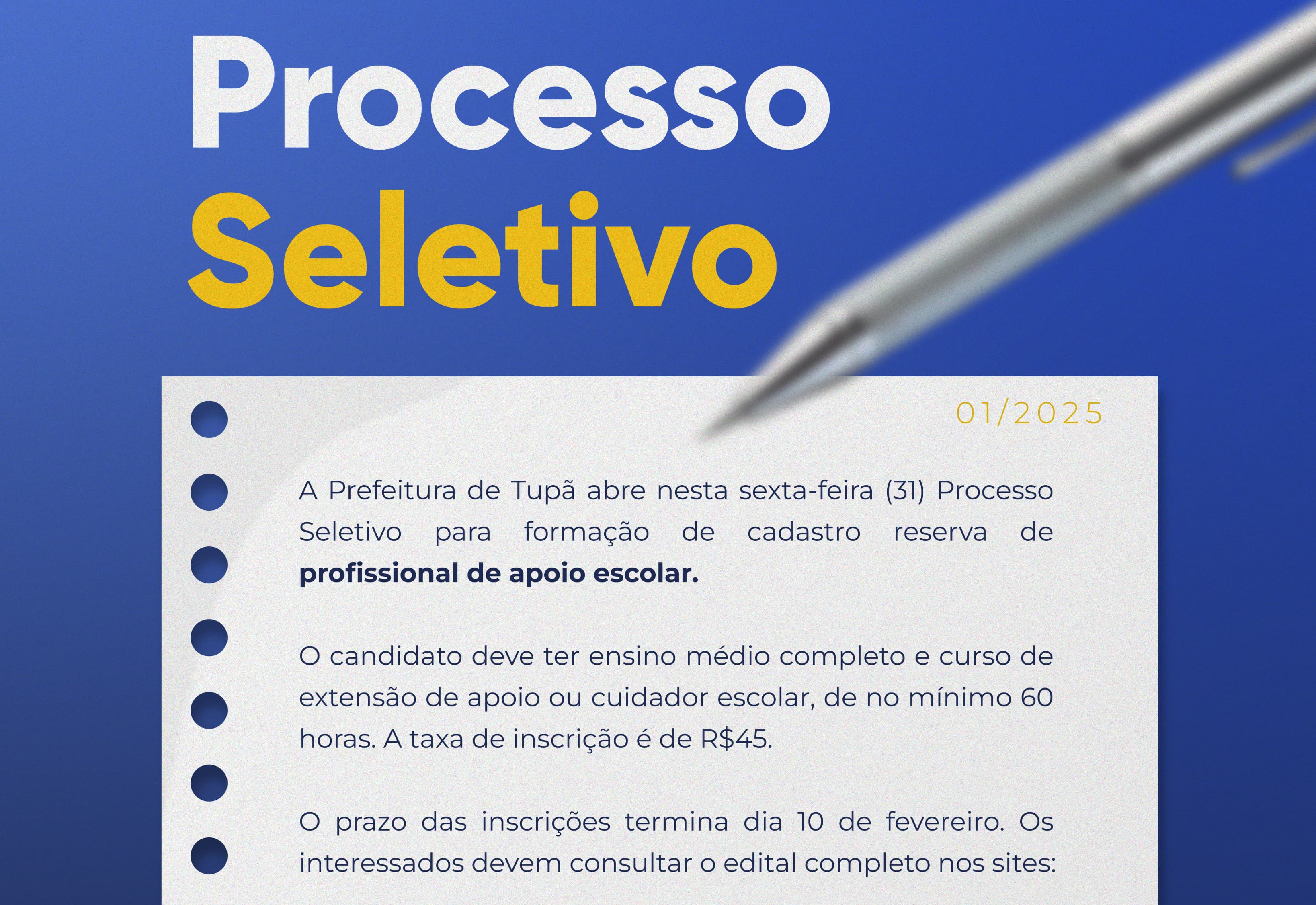 Prefeitura abre processo seletivo para formação de cadastro reserva de profissionais de apoio escolar