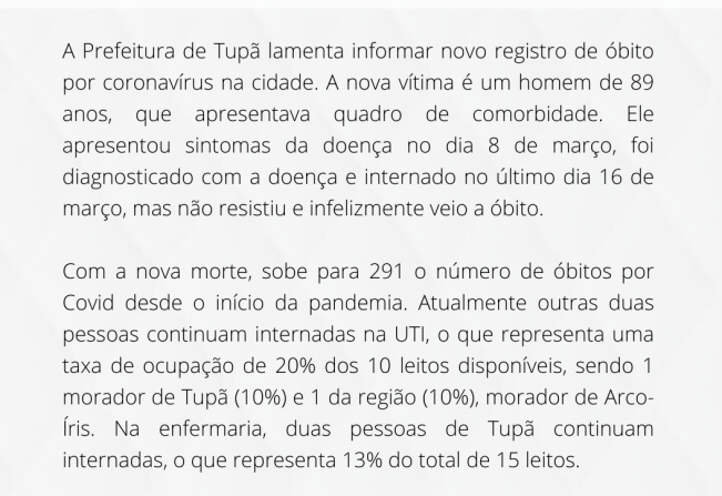 Homem de 89 anos morre por Covid em Tupã 
