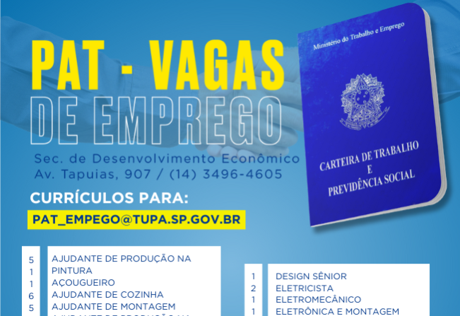 89 vagas de emprego estão disponíveis pelo PAT de Tupã
