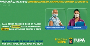 Prefeitura convoca grupo prioritário da 2ª etapa da Campanha contra a gripe