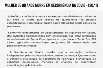 Mulher de 80 anos morre em decorrência da covid-19