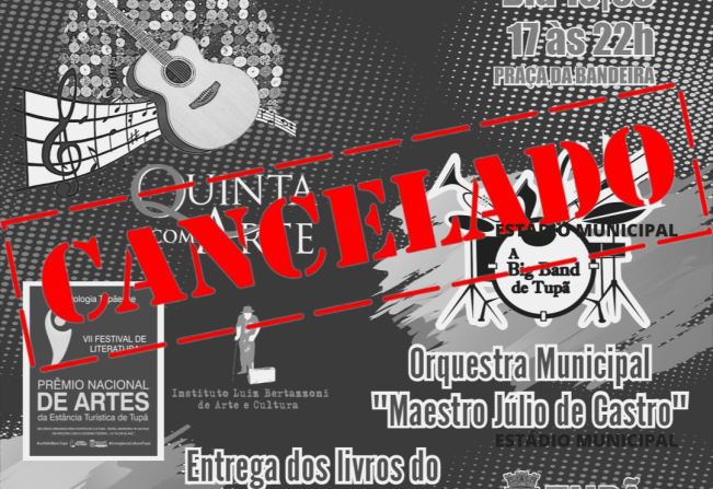 A Subsecretaria de Cultura decidiu cancelar o “Quinta com Arte” de hoje (18), devido à instabilidade do tempo no município. As chuvas impedem a participação do público e dificulta o trabalho de artistas e artesãos. A pasta ainda informa que as atrações pr